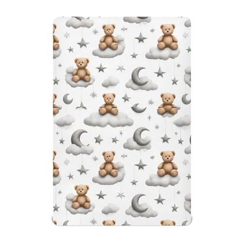 Image of Caikeny Fitted Crib Sheet for Boys Girls Kawaii Bears Moon Grey Clouds Baby Crib Sheets Stars Watercolor Bassinet Sheets Crib Mattress Bed Sheets for Toddler Newborn Infant 52 X 28 in