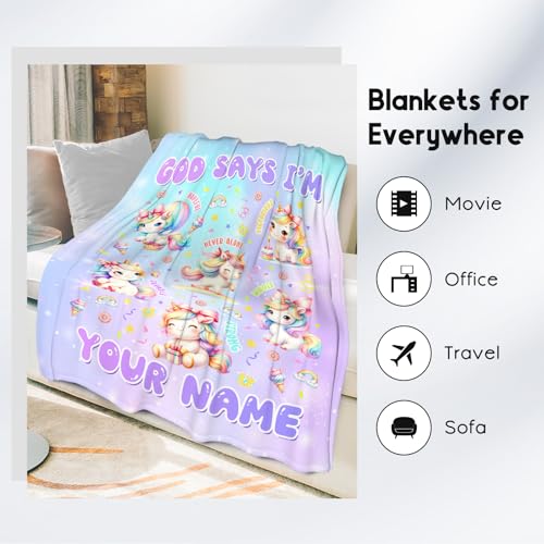 Custom Unicorn Blanket, Cozy Soft Throw Gifts for Girls, 40x50 Inch Cute Flannel Blanket for Unicorn Lovers, God Says I Am Throw Blankets for Couch Sofa
