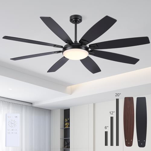 MADSHNE Ventiladores de techo de 66 pulgadas con luces y control remoto, ventilador de techo grande para interiores y exteriores con motor CC reversible silencioso 3CCT, 6 velocidades, ventiladores de