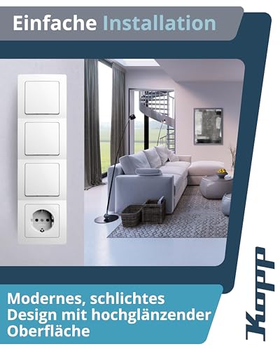 Kopp PARIS 4-fach Abdeckrahmen in Arktis-Weiß - 8,3 x 29,6 cm - Rahmen für Steckdosen & Schalter - Stilvoller Steckdosenrahmen aus Kunststoff - Hochwertiger Lichtschalter-Rahmen