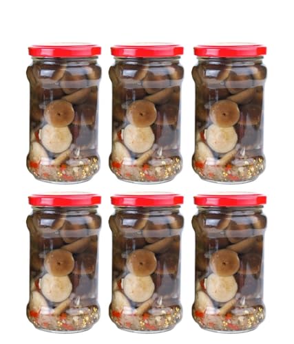 Image of Favola Essentials Round Lug Glass Jar, Red Lid, 200 ml, Set of 6, Clear