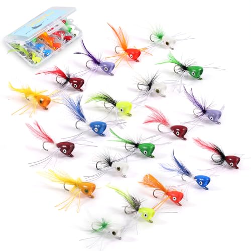 Ansnbo 20pcs Fly Fishing Popper Flies, Fly Popper Lures Kit for Bass Trout Salmon Panfish Steelhead Crappie Perch Poppers Fishing Lure for Fly Fishing