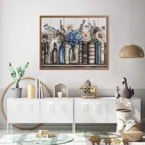 Image of Stamping Cross Stitch Kit Books Flowers, Counting Cross Stitch Kit for Adult Beginners, with Glass Bottles Full Line DIY Cross Stitch Stitching Kit for Home Decor Cross Stitch Patterns 15.7x11.8inches