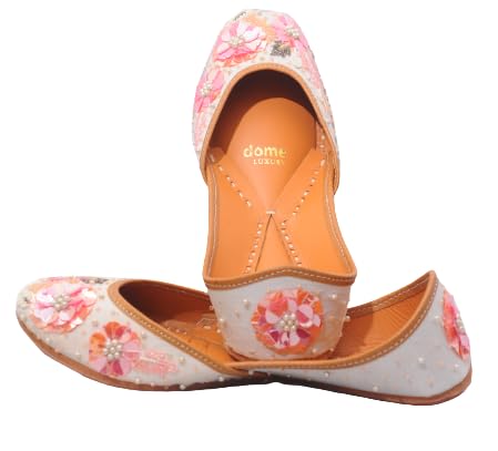 Tasco Global Cushioned Hand Made Designer Embroidered Mojari Jutti Beige Kundan Work for Women & Girls-image-12
