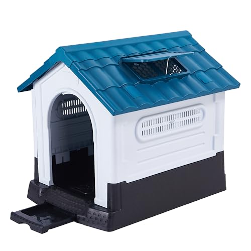 Lanco   Caseta para Perros Pequeños con Techo Regulable y WC. Uso Interior y Exterior con Rejillas de ventilación. Material Resistente. 68x55x66cm. Azul y Blanco.