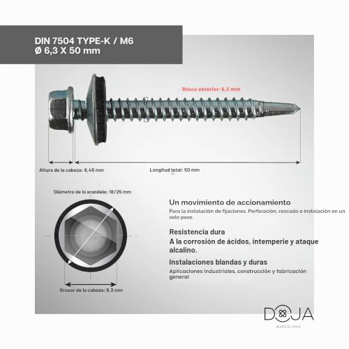 Miniatura 4 de Doja Industrial Tornillos Autotaladrantes M6 Pack 75 6,3 X 50 Mm Tornillos Roscachapa Hexagonal Con Arandela Para Chapa Aluminio O Cubiertas Tornillos Autoperforantes Autorroscantes Broca