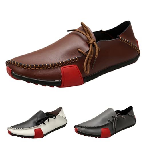 Men's Leather Handmade Strappy Comfortable Dress Loafers Fashion Non Slip Lightweight Stitching Details Flat Casual Walking Driving Shoes for Work Party Date Wedding