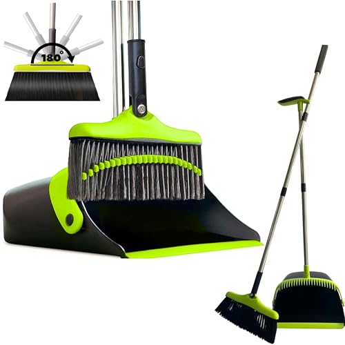 FLOORINGTON Long Handled Broom Set Upright Broom with Soft Bristles & Durable Broom for Indoor and Outdoor Cleaning (GREEN & BLACK)