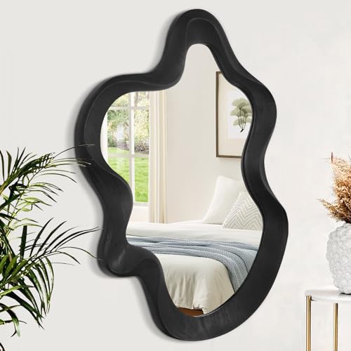 Asymmetrical Mirror for Wall Decor Large Modern Wavy Wooden Framed Wall Mirror Unique Shape Wall Mounted Vanity Artistic Wavy Mirror Decorative for Living Room Bedroom Bathroom Entryway Black
