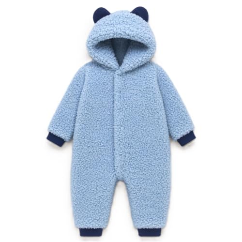 Era Uma Vez Macacão Bebê Longo Pelúcia Teddy com Capuz e Orelhinhas, 0 a 12 Meses (Tons Variáveis de Azul, 9-12 Meses)