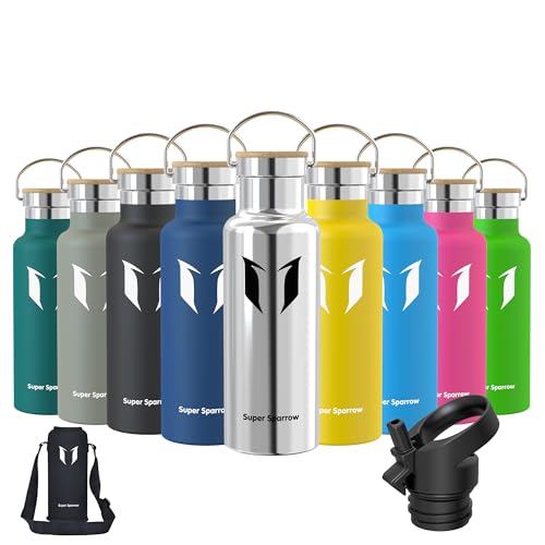Láhev na pití Super Sparrow nerez - 500 ml - nepropustná termoska, láhev na vodu bez BPA - termoska s oxidem uhličitým pro děti, perlivá voda, sport, univerzita, škola, fitness, outdoor, kemping