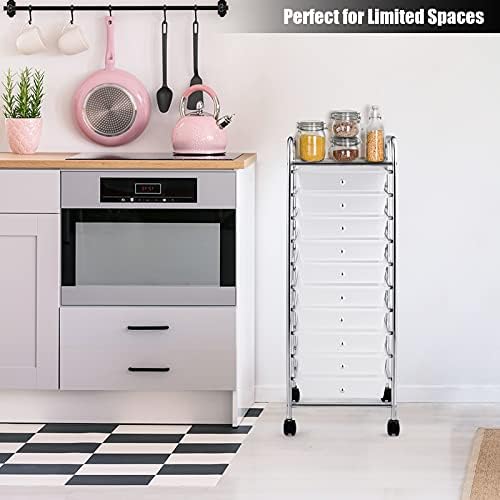 COSTWAY 10/20 Drawers Storage Trolley, Home Office Stationary Rolling Cart with 4 Wheels, Multipurpose Mobile Organiser Shelving Unit for Makeup Beauty Salon (10 Drawers, Transparent)