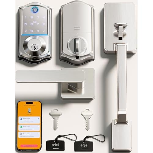 Veise VE017-D Smart Fingerprint Front Door Lock Set, App Control, 8-in-1 Keyless Entry Deadbolt with Lever Handle, Touchscreen Keypad, IP55 Weatherpro