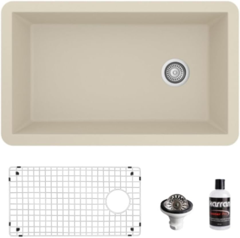 Karran QU-670 Undermount 32" Single Bowl Quartz Composite Kitchen Sink in Black – Right Side Drain, Extra Deep 9" Basin, Sound Dampening, Heat & Scratch Resistant (Sink Only, Concrete)