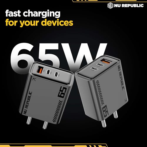 Image of Nu Republic Cybotron 65W GO GaN Superfast Wall Charger, 65W Output Compatible with MacBook & Type-C Laptop Charging, iPhone, Samsung, OnePlus, Nothing (Grey)