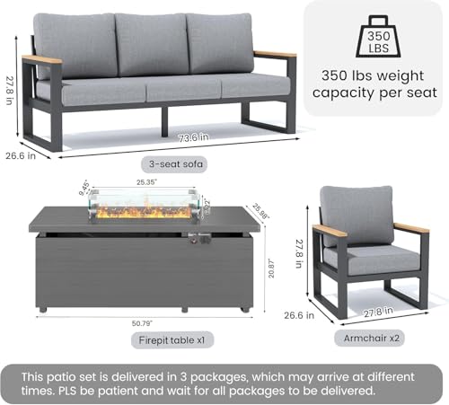 Image of Sundale Outdoor Aluminum Patio Furniture Set, 4 Piece Outdoor Conversation Sets with Fire Pit and 6 inch Thick Olefin Cushions, All Weather Outdoor Sectional Set for Deck, Lawn, Yard (Grey)