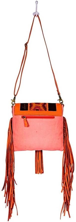 Myra Bag Shoulder Bag for Women - Western Upcycled Hairon Canvas & Leather Tassel Bag Orange - Image 4