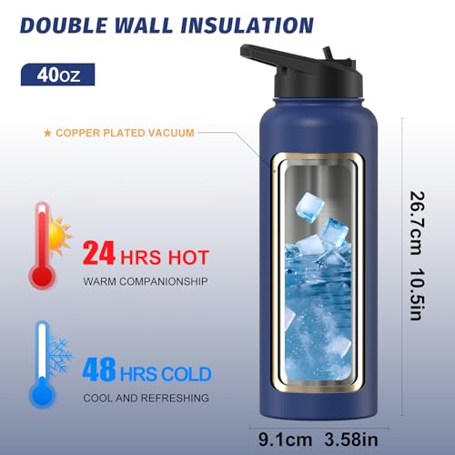 Image of 40oz Insulated Water Bottle (Cold for 48 Hrs),BPA Free&Leak Proof,Stainless Steel Water Flask,Water Jug with Straw Spout Lids for Gym,Hiking,Travel,Deep Blue