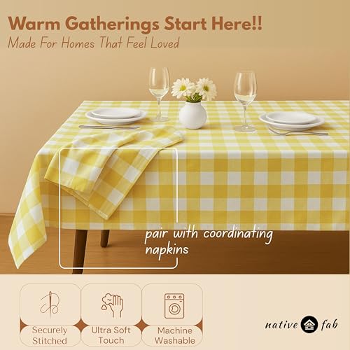 Native Fab Buffalo Check Tablecloth, 100% Cotton, 60x84 Inches, Bright Farmhouse Dining Table Cover, Perfect for Summer, Weddings, Birthday Gatherings, Indoor Outdoor Décor, Lemon Yellow and White by Native Fab - Used condition - Image 4