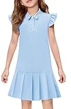 Haloumoning Girls Ruffle Sleeve Summer Dress Kids Casual Pleated School Uniform Polo Dresses 5-14 Years Sky Blue