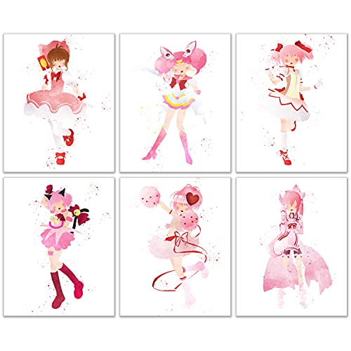 Watercolor Magical Girls Poster Prints - Set of 6 (8x10) Glossy Kawaii Wall Art Decor - Sailor Moon - Cardcaptor Sakura - Tokyo Mew Mew - Puella Magi Madoka Magica - Yuki Yuna is a Hero - Shugo Chara