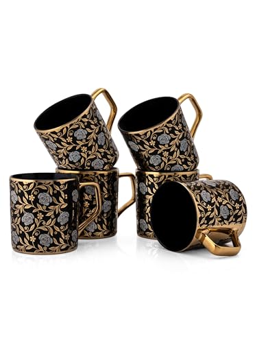 Image of Clay Craft Fine Ceramic Director Gold Printed Tea /Coffee Set of 6-200 ml Each (E608), Tea Cup Set of 6, Mugs for Coffee, Cups Set of 6, Mug Set, Ideal for Gifting, Perfect for Home and Office