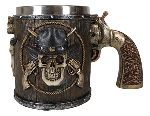 Ebros Gift Rustic Western Wild West Captain Sheriff Cowboy With Cow Skull Tankard Coffee Beer Mug Cup With Pistol Handle Kitchen Dining Accessory