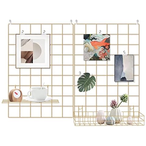 BULYZER Grid Wire Board,for Memo Picture Panel Wall Decoration for Room Office Mat Photo Hanging Art Display Frames Desk Storage Organizer,17.3" x 11.8"(2Pack) (Gold) Cover
