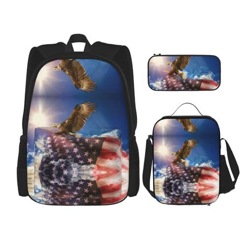 nanger American Usa Flag Eagle Art Print 3-Piece Set Backpack, Lunch Bag And Pencil Case, For Travel, College, And Daily Use