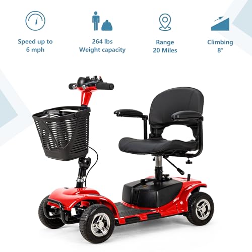 VERPAL 4 Wheel Mobility Scooters for Adults Seniors, Folding Mobility Scooter, 265 lbs Capacity Electric Scooter with Basket, Powered Mobility Scooter for Travel, Long Range Power Battery, Red