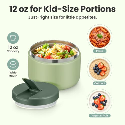 Image of Pawtong 12oz Insulated Vacuum Food Jar with Buckle Lid Wide Mouth Soup Thermo for Hot Food Kids Leakproof Stainless Steel Lunch Container- Green- 1Pack