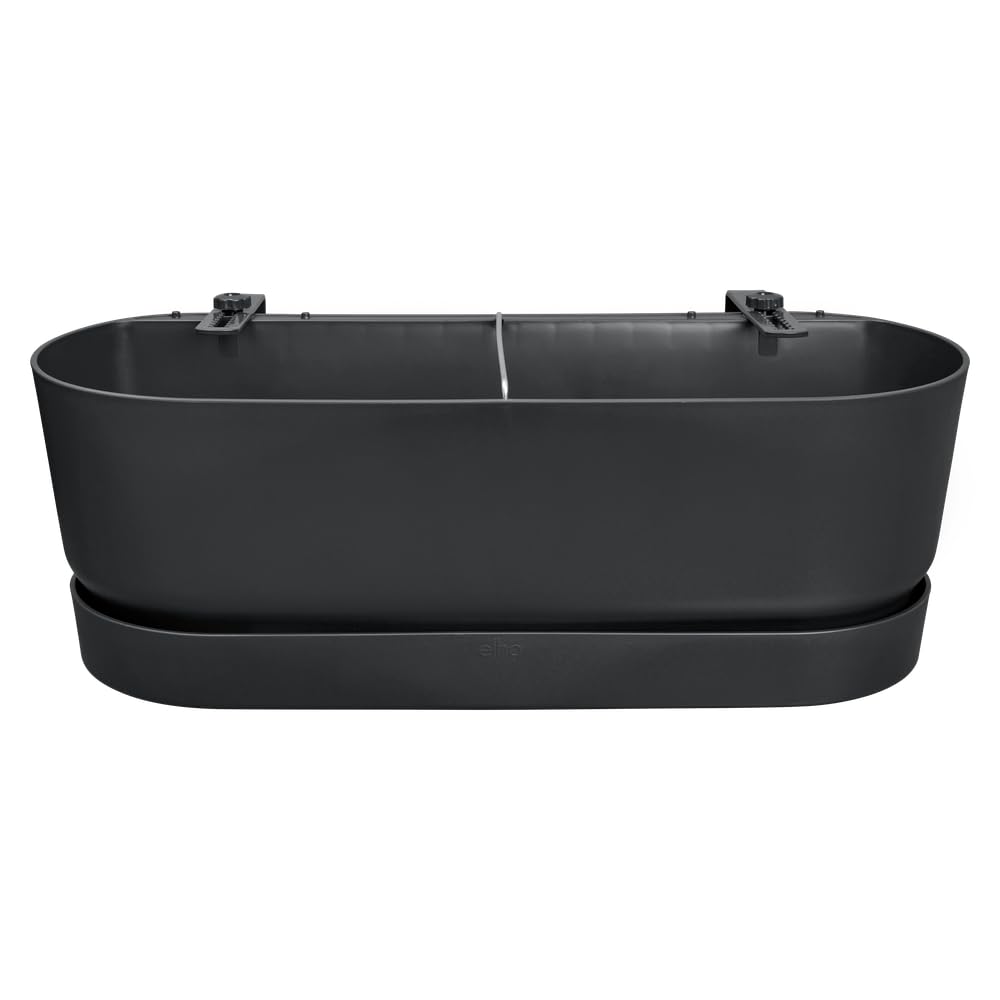 elho Greenville Easy Balcony 52 Blumentopf Balkon - Übertopf für Balkon - 100% recyceltes Plastik - Ø 52.0 x H 19.4 cm - Living Schwarz | L 21.2 x B 52 x H 19.4 cm | Integrierter Untersetzer | 100% recyceltes Plastik
