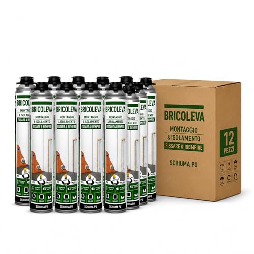 BRICOLEVA Set 12 Schiuma Poliuretanica per Pistola da 750 ml - Isolamento Termico e Acustico, Alta Espansione Colore Champagne - Sigillante Poliuretano Espanso per Riempimento Fessure (12 Pezzi)