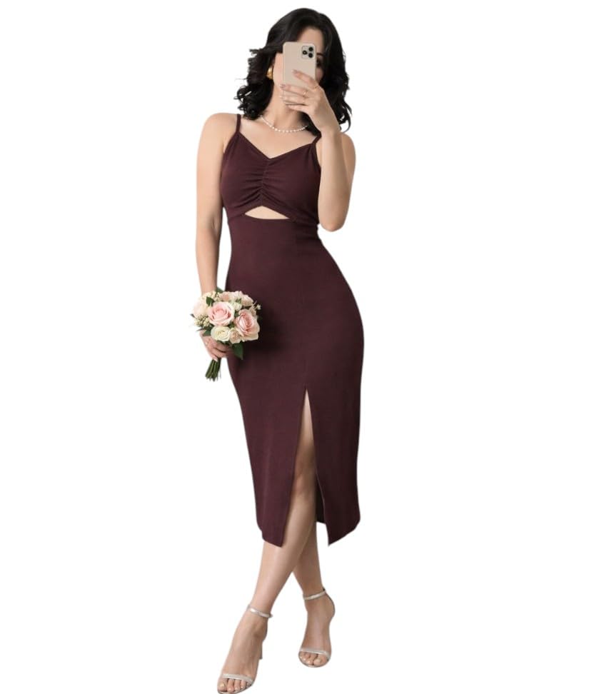 Image of IUGA Women's Cut-Out Midi Dress with Side Slit | Elegant Bodycon Dress