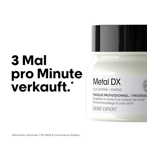 L'Oréal Professionnel Haarmaske für alle Haartypen, Anti-Haarbruch, Feuchtigkeit, Geschmeidigkeit & Glanz, kraftvolles Haar, frischer Duft, mit Glicoamin, Serie Expert, Metal DX Maske, 250ml