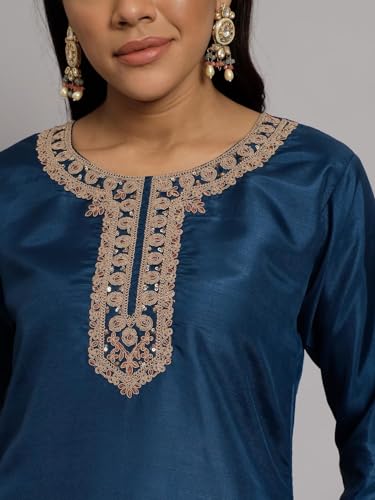 Image of VredeVogel Women's Silk Blend Embroidered Kurta with Pant & Nazneen Dupatta Set