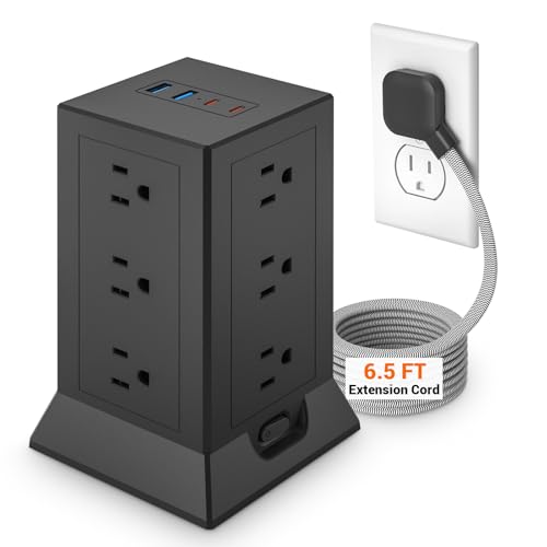 KING-LINK Surge Protector Power Strip Tower Flat Plug, 6.5 ft Extension Cord with Multiple Outlets, 12 AC Outlets 4 USB Ports (2 USB C) for Home Office Dorm, Black