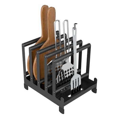 Qriocioa Pizza Peel Rack with 5 Available Slots, Steel Pizza Paddle Holder Rack with Non-Slip Feet for Pizza Spatula Turner, Storage Organizing and Saving Space Pizza Turning Oven (Black, 5 Slots)