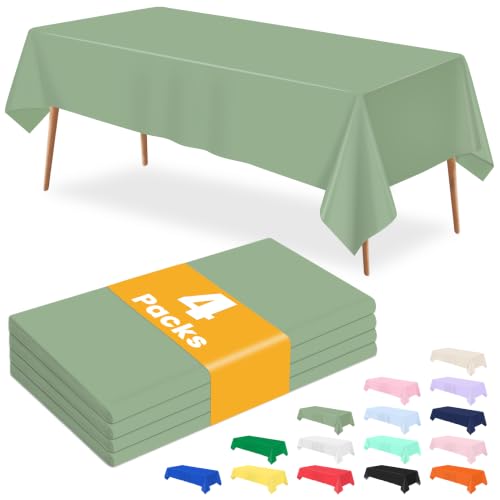 RuiYok 4 Packs Sage Green Tablecloth for Rectangle Table 54 X 108 Inch Light Green Plastic Table Cloth Waterproof Disposable Sage Green Table Cover for Party Birthday Baby Shower Picnic Party Decor