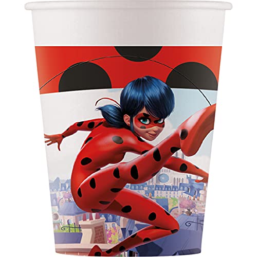 Procos 93479 Miracolous Ladybug Copos de festa (capacidade máxima de 200 ml, 8 unidades, descartáveis, para aniversário infantil, mistura FSC® FSC® FSC®