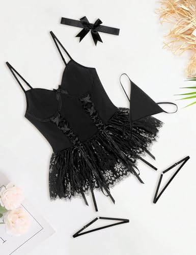 Image of Mixxmix Sexy Garter Lingerie for Women Underwire Bodysuit Lace Babydoll with Garter Mini Teddy Bodysuit Black M