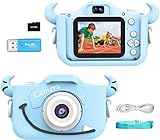 Wurkkos Kids Digital Camera,12.0 Megapixel Kamera mit Einer kindgerechten,Niedlichen Silikonhülle,geeignet als Geburtstagsgeschenk BZW.Spielzeug,2.0”Display 1080P HD Kamera mit 32GB SD Karte,Blau