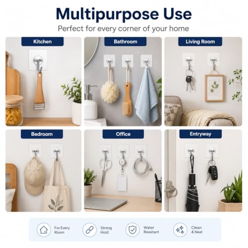 Image of KONVIO NEER Hanging Hooks for Wall Without Drilling - 10 Pack Self Adhesive Wall Hooks Heavy Duty, Transparent Stainless Steel Nail-Free Hanging Hooks for Kitchen, Bathroom, Keys & Home Organization