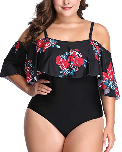 Daci Women Plus Size Swimsuits One Piece Off Shoulder Bathing Suits Ruffle Swimwear Black 18W
