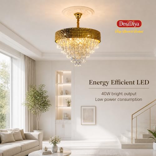 Image of Desidiya LED 400MM Golden Netmesh Modern Chandelier Lights for Ceiling Living Room K9 Crystals Antique Jhumar Light for Hall Decoration, Luxury Ceiling Fixture Light for Living Room, Dining Room