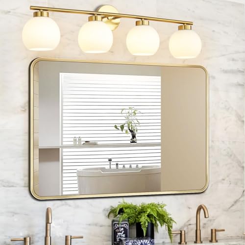 Image of 4 Light Bathroom Vanity Light, Gold Bathroom Light Fixtures Over Mirror, Mid Century Modern Wall Light with Frosted Globe Glass Shades, 32 inch Brass Vanity Lights, E26 Socket