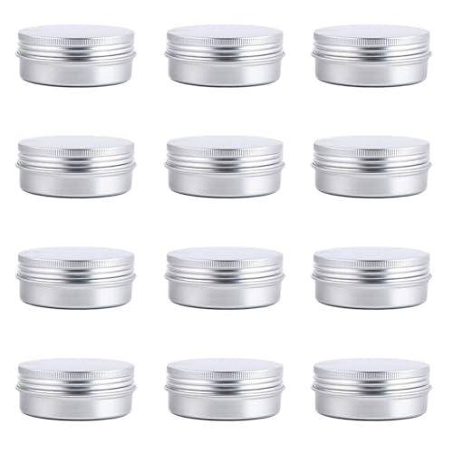 12Pcs 60ml/2oz Empty Silver Aluminum Tin Cans Round Metal Cosmetic Sample Jars Storage Containers with Twist Screw Top Lid Travel Tins for Tea Spices Eye Shadow Lip Balms Cream Candle Crafts Jewelry