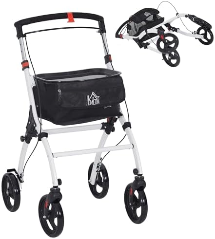 HOMCOM Andador para Ancianos Plegable de Aluminio Andador para Personas Mayores con 4 Ruedas y Bandeja Andador con Altura Ajustable Frenos d...