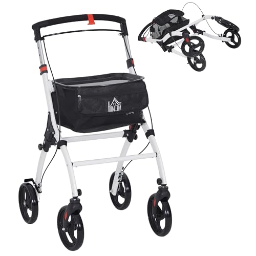 HOMCOM Andador para Ancianos Plegable de Aluminio Andador para Personas Mayores con 4 Ruedas y Bandeja Andador con Altura Ajustable Frenos de Maneta y Bolsa de Transporte Blanco