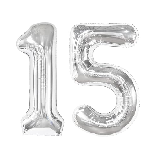 Image of Silver Number 15 Balloon 40 inch, 15 Number Balloons, 15th Silver Birthday Decorations, 15 Year Old Silver Party Supplies